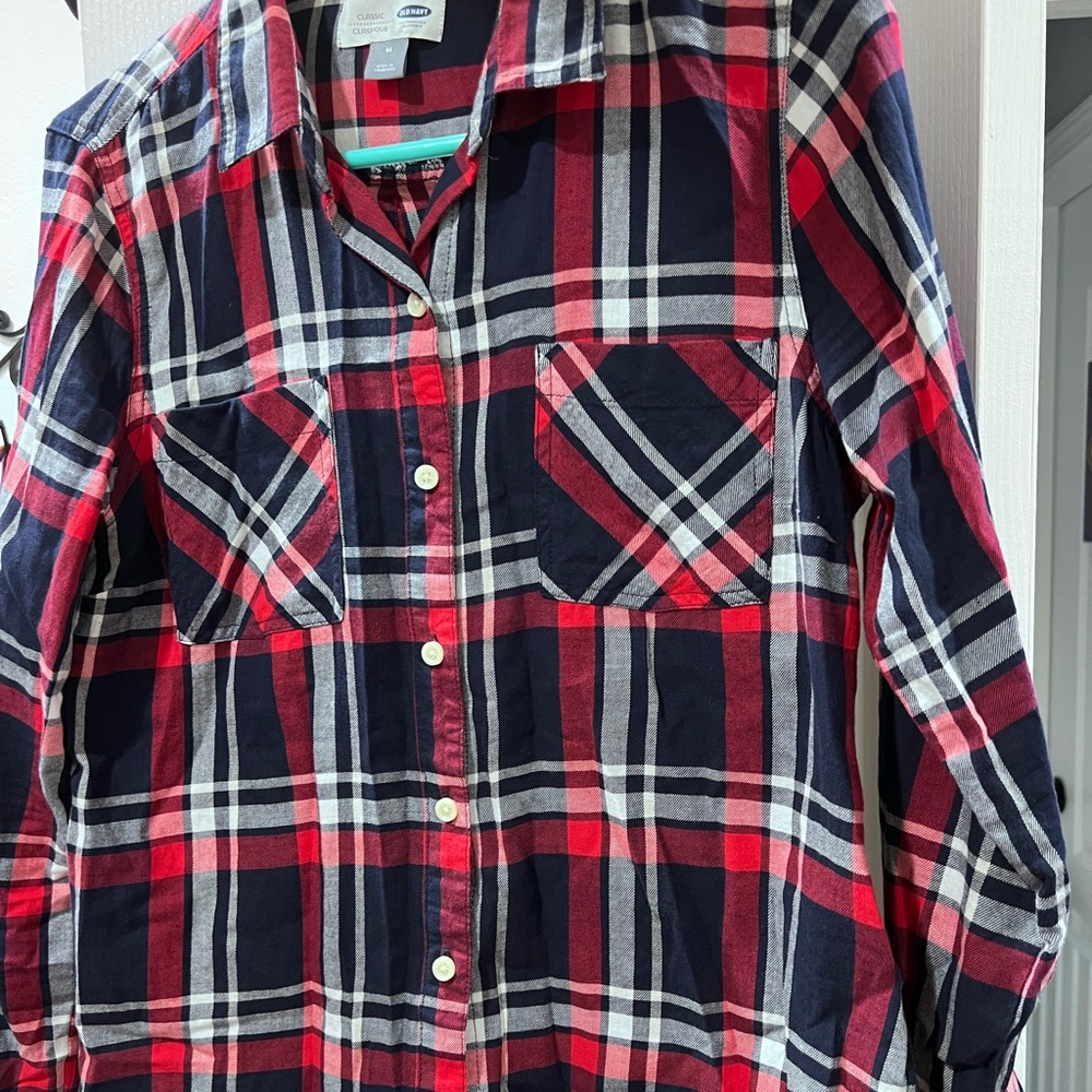 Old Navy, navy blue, red, and white plaid button down